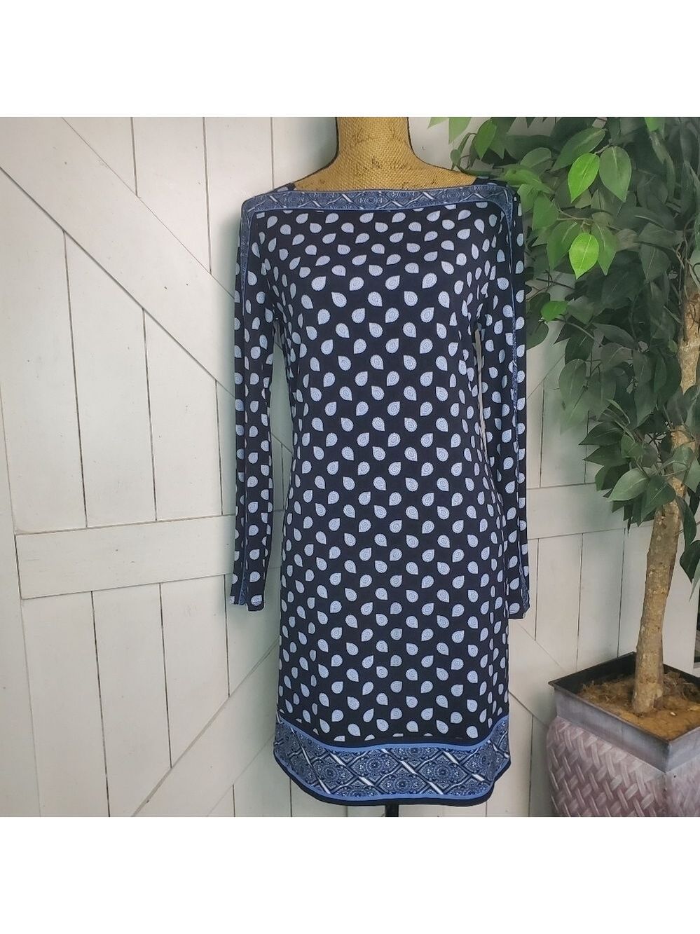 Michael Kors Blue Paisley Boatneck Shift Dress Medium
